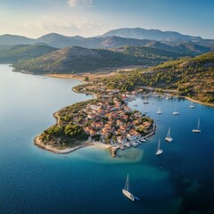 Fototapeta premium Vonitsa city and Koukoumitsa island aerial view.