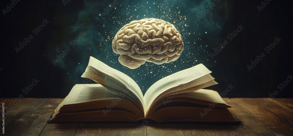 Poster A brain hovering above an open book, symbolizing knowledge and learning.