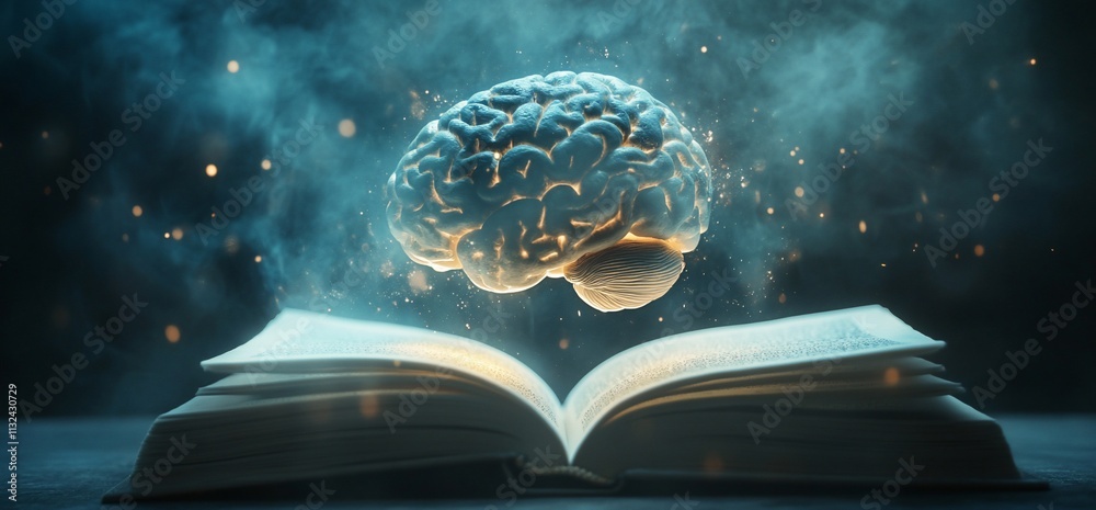 Aufkleber A brain hovering above an open book, symbolizing knowledge and creativity.