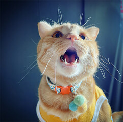 The adorable orange cat is smiling brightly.