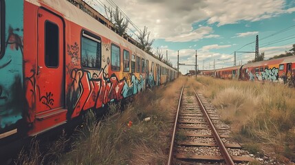 Obraz premium Graffiti-Covered Trains on Abandoned Railway Tracks