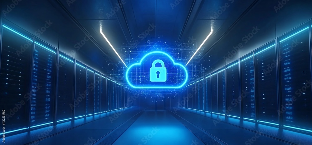 Poster A digital cloud with a lock symbol, representing data security in technology.
