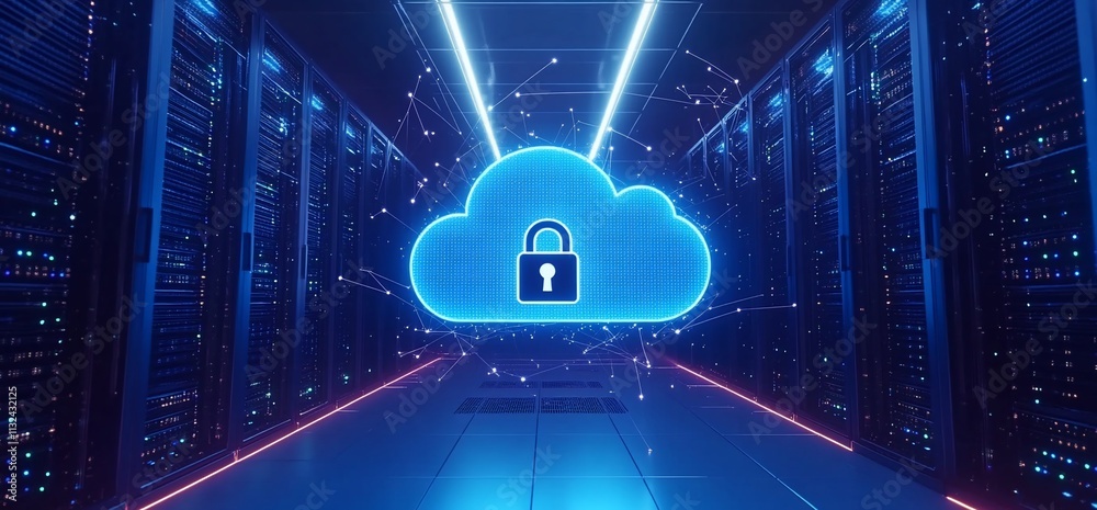 Poster A digital cloud with a lock symbol, representing secure data storage.