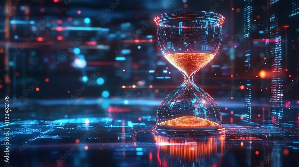 Aufkleber a digital hourglass surrounded by vibrant data streams and glowing particles.