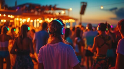 A vibrant silent disco in Greece where participants dance under the stars in a serene phone-free atmosphere