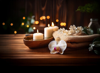 Obraz premium Serene spa setting: Candles, orchid, towel, and smooth stones create a tranquil atmosphere. Warm lighting enhances the relaxing ambiance.