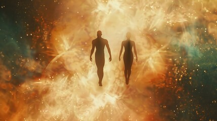 Obraz premium Man and Woman Silhouettes at Abstract Cosmic Background, Loving Couple of Human Souls, Embracing in the Astral Realm, Reflecting Esoteric and Spiritual Life Concept.
