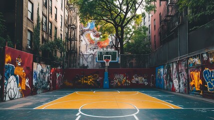 Urban Basketball Court Amidst Graffiti Art