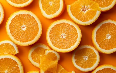 Fototapeta premium Overhead shot of juicy orange slices on vibrant orange background.