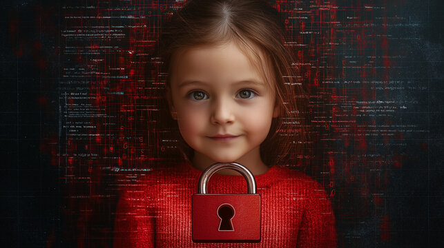 Datensicherheit im Internet, KI, Kinder vor Angriffen sch&uuml;tzen symbolisch Handy und Schloss Symbol Zahlencodes entschl&uuml;sseln mit KI Geheimnis Generative AI