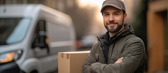 Smiling Delivery Worker with Package Outdoors, Confident delivery man standing next to a van with a package, symbolizing reliable courier services and efficient logistics.

