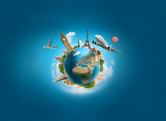 Naklejka premium A miniature Earth adorned with iconic landmarks, surrounded by airplanes and a hot air balloon, symbolizes global travel and adventure.