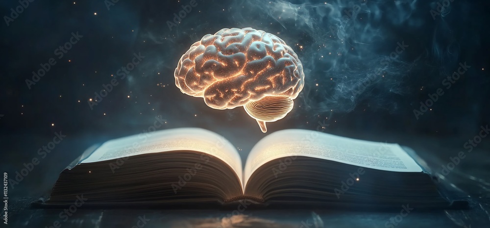 Aufkleber A glowing brain above an open book symbolizes knowledge and learning.