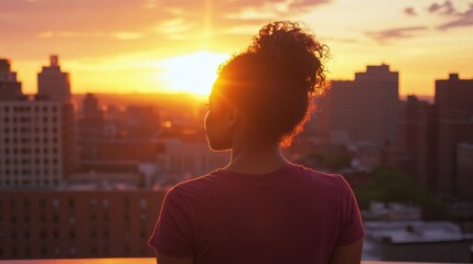 Fototapeta premium Slim African-American woman in a maroon t-shirt, enjoying a city rooftop sunset