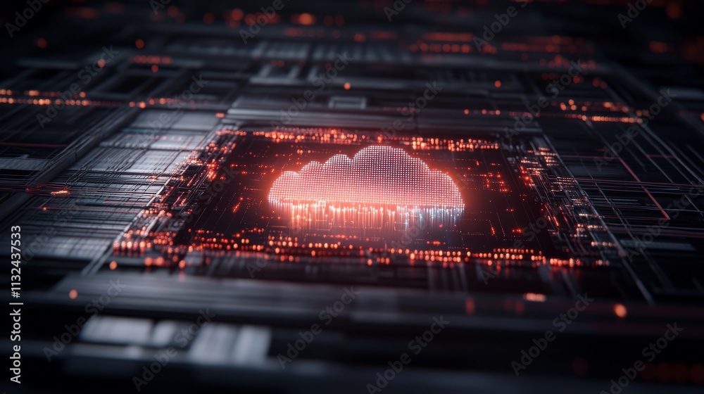 Fototapete A cloud-shaped hologram floats amidst streams of binary code and glowing network lines, symbolizing advanced cloud computing in a dark digital landscape
