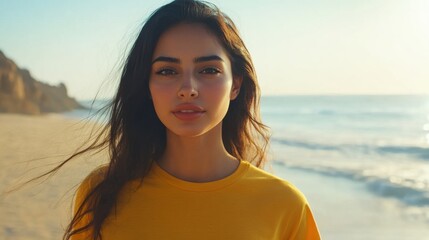 Slim Middle Eastern woman in a yellow t-shirt, enjoying a peaceful beachside walk