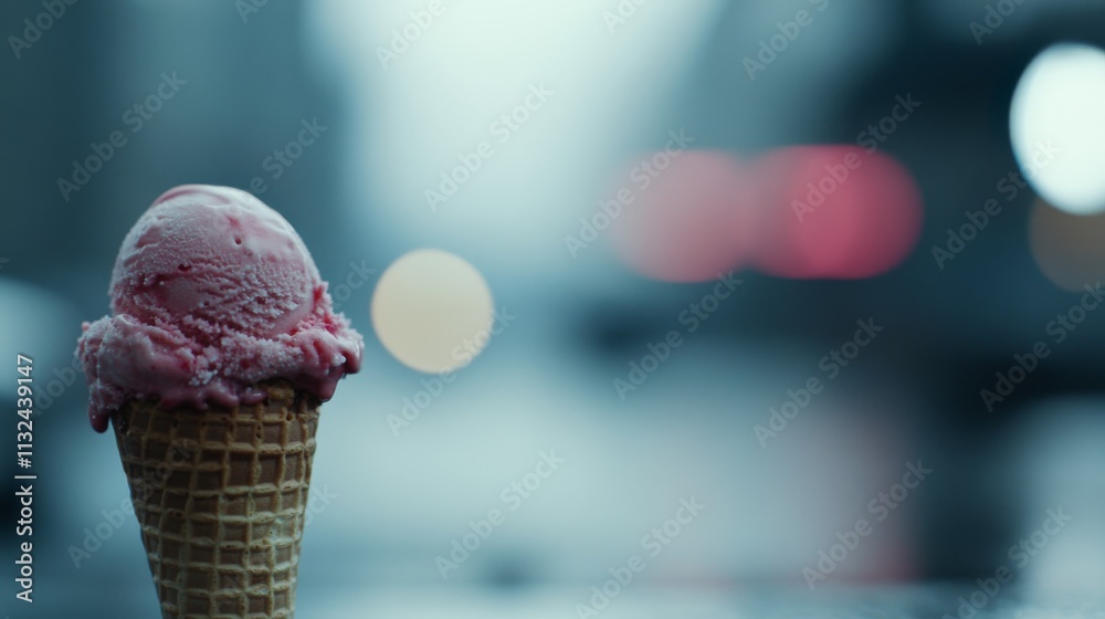 Poster enjoy the rich color and creamy texture of strawberry ice cream served in a waffle cone, perfectly c
