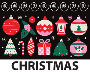 Christmas vector flat cartoon illustration set with winter holiday decorations design elements, festive ornament, xmas bauble, mistletoe, lantern, tree, gift box, cat, toys, retro sticker collection