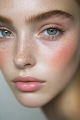 Obraz premium A detailed close-up of a woman's face highlighting natural freckles and smooth, clear skin with soft makeup.