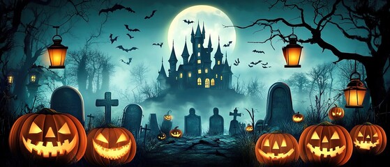 Fototapeta premium Halloween background with pumpkins, a spooky castle, and lanterns.