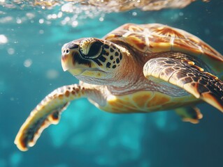 Fototapeta premium Graceful sea turtle swimming underwater tropical ocean close-up photography aquatic environment serene perspective textured shell concept