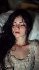 Serene portrait of a woman sleeping in soft lighting, wearing a vintage lace dress, capturing tranquility and timeless elegance.