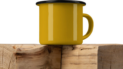 Mockup yellow enamel mug on square old wood, png