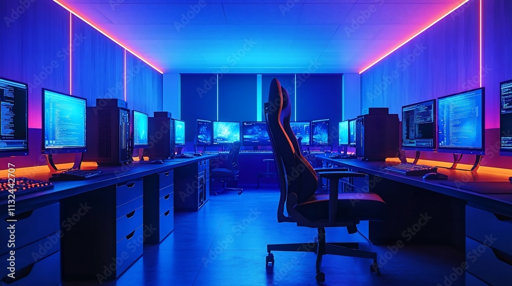 Poster A modern workspace with multiple monitors and ambient lighting for productivity.