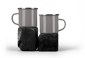 Mockup of two gray enamel mugs on square burnt wood, png