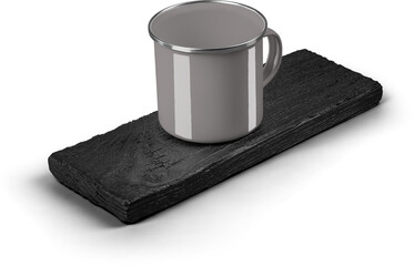 Mockup of gray enamel mug on flat burnt wood, png