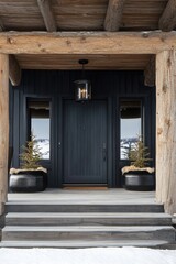 Fototapeta premium Modern Farmhouse Entrance With Wooden Beams And Dark Exterior