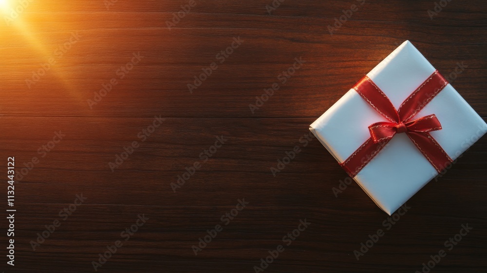 Poster a single white gift box with a red ribbon sits on a textured wooden surface, softly lit, creating a 