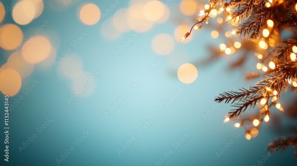 Poster A spruce branch with frosted tips sparkles with golden fairy lights, creating a festive atmosphere enhanced by a dreamy blue bokeh backdrop