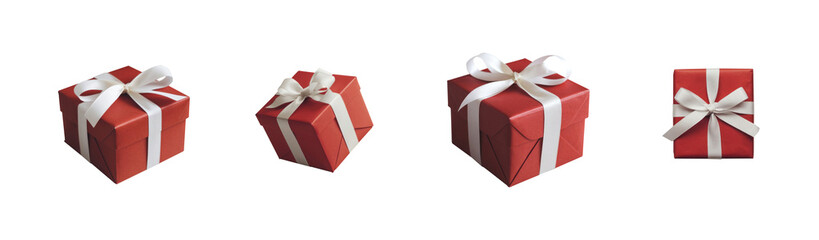 Collection of red gift boxes. Transparent background PNG cutout. Set 02