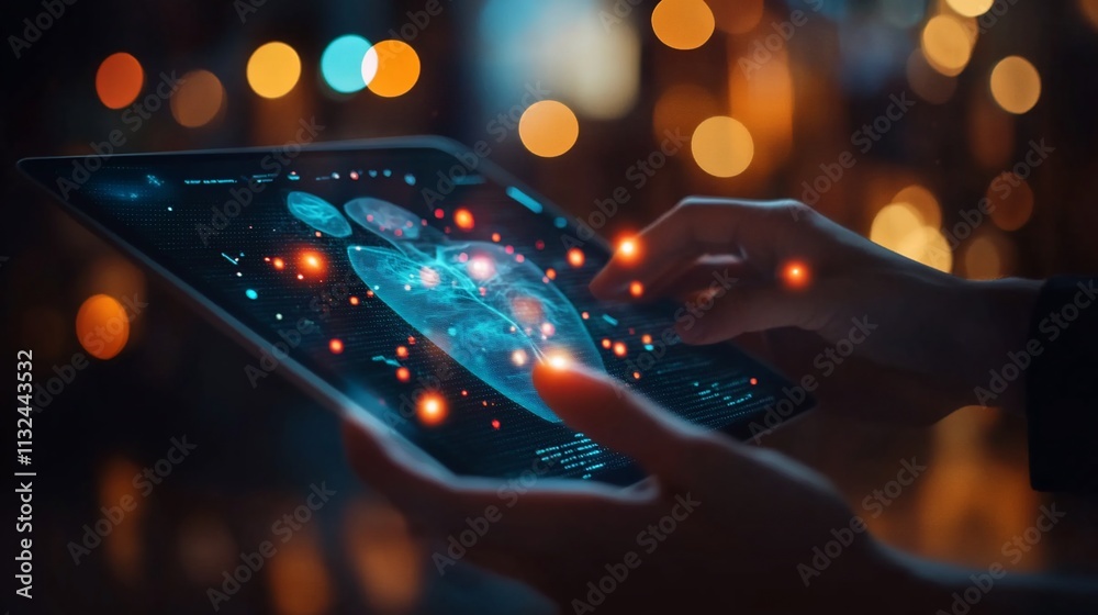 Aufkleber a person interacts with a futuristic tablet displaying holographic data.