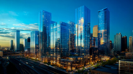 Obraz premium View of urban high-rise buildings, showcasing sleek modern architecture with glass facades reflecting the sky, arranged in a dynamic cityscape composition.