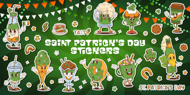 Groovy Saint Patrick Day holiday characters sticker pack. Cartoon vector funky drinks and treats celebrating amid vibrant green shamrocks, rainbows and clovers. St. Patricks Day celebrations patches