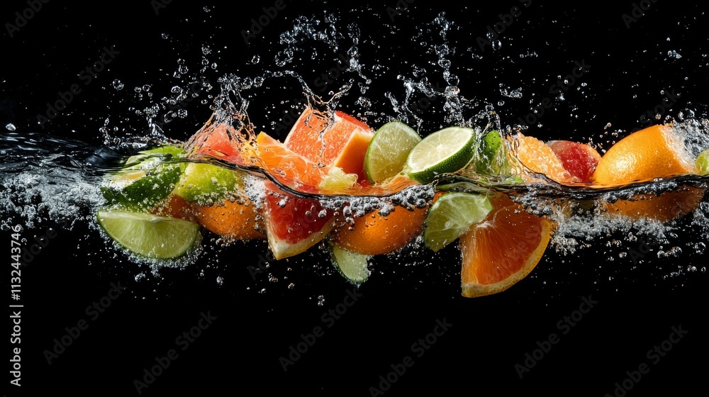Poster Fresh slices of oranges, lemons, and limes burst into water, creating a dynamic splash against a dark background with space for text