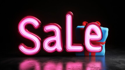 Pink sign that says Sale is on a dark background. A blue box with a red ribbon is also on the background