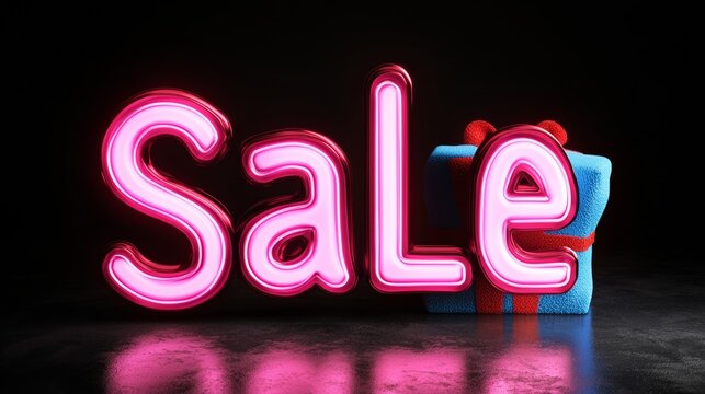 Pink sign that says Sale is on a dark background. A blue box with a red ribbon is also on the background