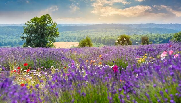 Sommerzauber Eine blhende Lavendelwiese mit wilden Wildblumen, die die Schnheit des Sommers einfngt und die Sinne mit lebendigen Farben und betrenden Dften verzaubert.