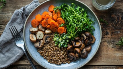 Fototapeta premium Vegan Nordic meal: roasted mushrooms, lentils, and pickled vegetables plated beautifully