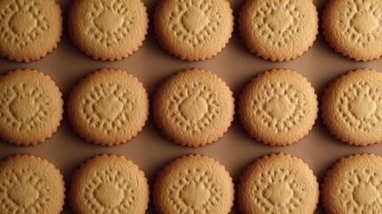 Delicious golden brown cookies with intricate patterns arranged systematically on a brown surface for a charming, symmetrical presentation.