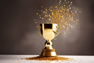 Small gold trophy on white podium with gold confetti and glitter