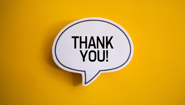 White speech bubble with THANK YOU message on yellow background.