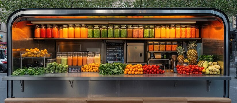 Colorful juice bar stand with fresh fruits and vegetables.
