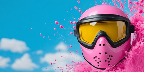 Pink helmet with yellow goggles is shown in a blue sky. The helmet is surrounded by pink and yellow powder, giving the impression of a snowstorm. Concept of excitement and adventure