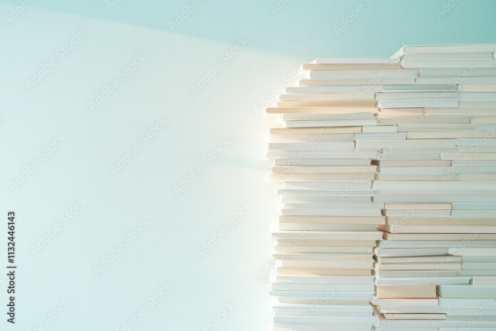 Poster dreamlike stacks of books with soft reflections and muted hues