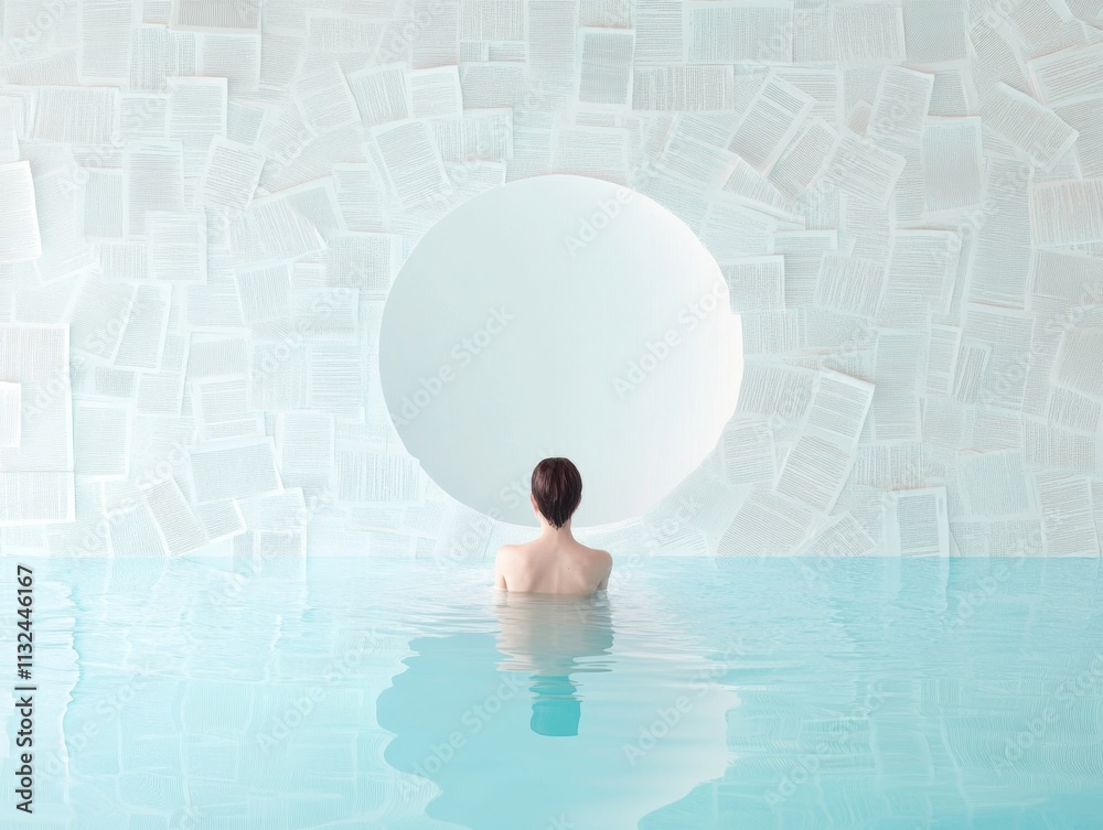 Poster Serenity in Surreal Aquatic Library with Floating Book Pages and Circular Portal