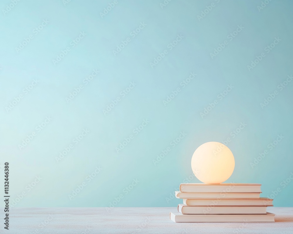 Poster Surreal Soft Light in Minimalist Library Space with Books and Glowing Lamp